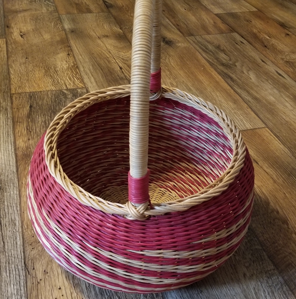 Red Wicker Rattan Round Basket Yarn Sewing Bows Letters Flowers Plant Fruit